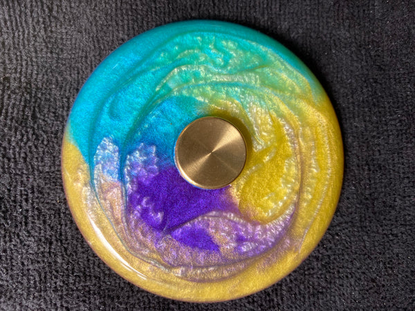 Purple/Turquoise/Gold swirl brass button spini
