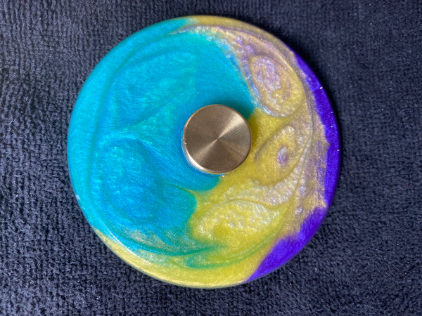 Purple/gold/turquoise swirl brass button spini