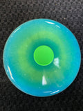 Aqua/lime green/metallic flake/glow with green thumb piece spini